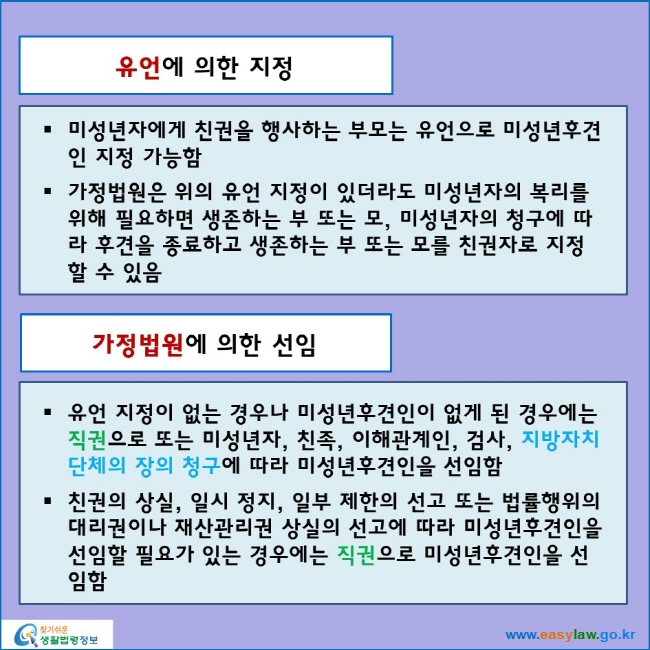 유언에 의한 지정
미성년자에게 친권을 행사하는 부모는 유언으로 미성년후견인 지정 가능함
가정법원은 위의 유언 지정이 있더라도 미성년자의 복리를 위해 필요하면 생존하는 부 또는 모, 미성년자의 청구에 따라 후견을 종료하고 생존하는 부 또는 모를 친권자로 지정할 수 있음
가정법원에 의한 선임
유언 지정이 없는 경우나 미성년후견인이 없게 된 경우에는 직권으로 또는 미성년자, 친족, 이해관계인, 검사, 지방자치단체의 장의 청구에 따라 미성년후견인을 선임함
친권의 상실, 일시 정지, 일부 제한의 선고 또는 법률행위의 대리권이나 재산관리권 상실의 선고에 따라 미성년후견인을 선임할 필요가 있는 경우에는 직권으로 미성년후견인을 선임함
